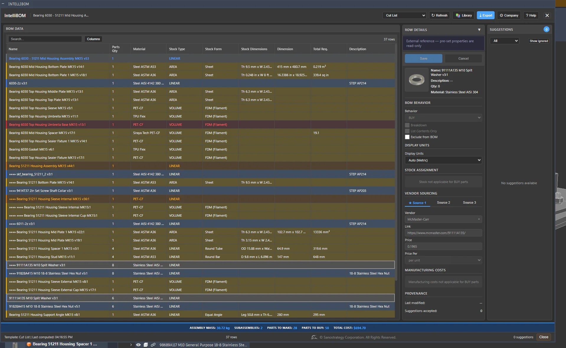 IntelliBOM Engineering BOM palette — color-tagged MAKE/BUY rows, thumbnails, real hierarchy